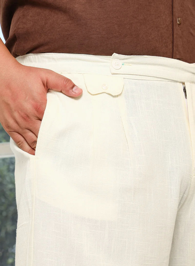 Instafab Plus Instafab Plus Men's Cream White Pleated Extended-Button Trousers For Casual Wear | Mid-Rise | Straight Fit | Button Closure | Plus Size Trousers Crafted With Comfort Fit For Everyday Wear