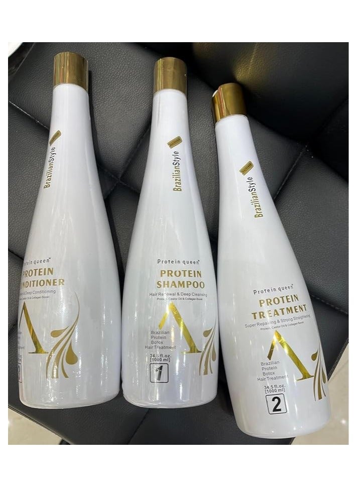 Protein queen Treatment Set Brazilian Style With Castor Oil and Collagen Hair Boast. 1000ml each White. (Shampoo & Conditioner 2 pcs) - Image 3