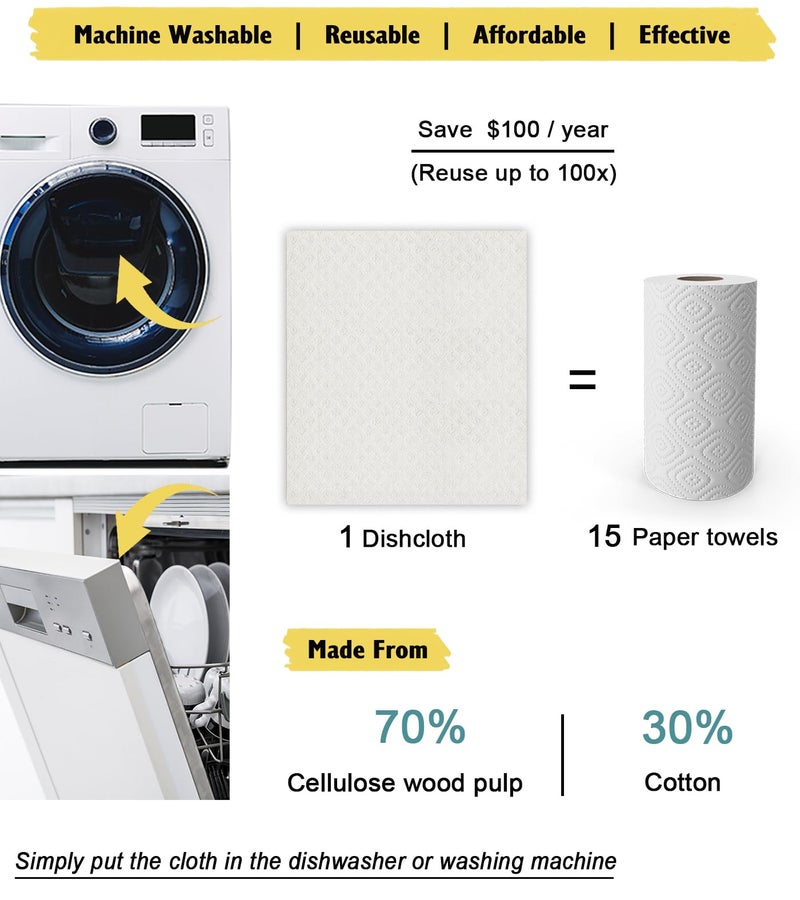 Molkene Swedish Dishcloths For Kitchen | 10 Pack Absorbent Cellulose Sponge Cloths Washable | Non-Scratch Reusable Paper Towels Quick Drying Cleaning Rag - White - Image 3