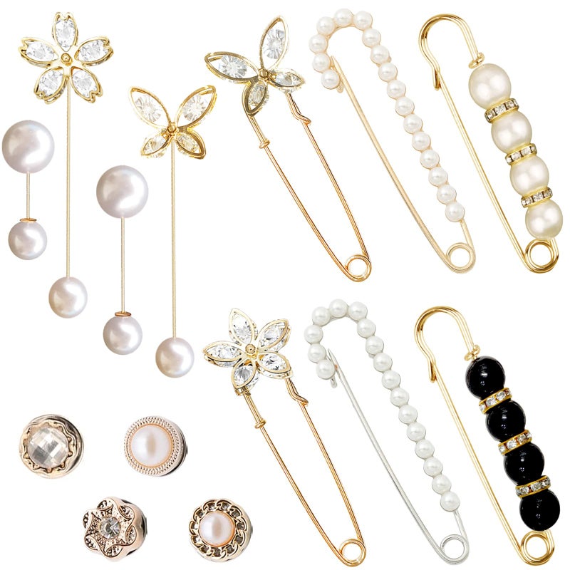 Bulrash 14 Pieces Brooch Safety Pins, Pearl Brooch Button Pin Pant Waist Tightener Pins for Clothes Sweater Shawl Collar Dress Cardigan Shirt Jeans Accessories for Women Girls(Chic) - Image 1