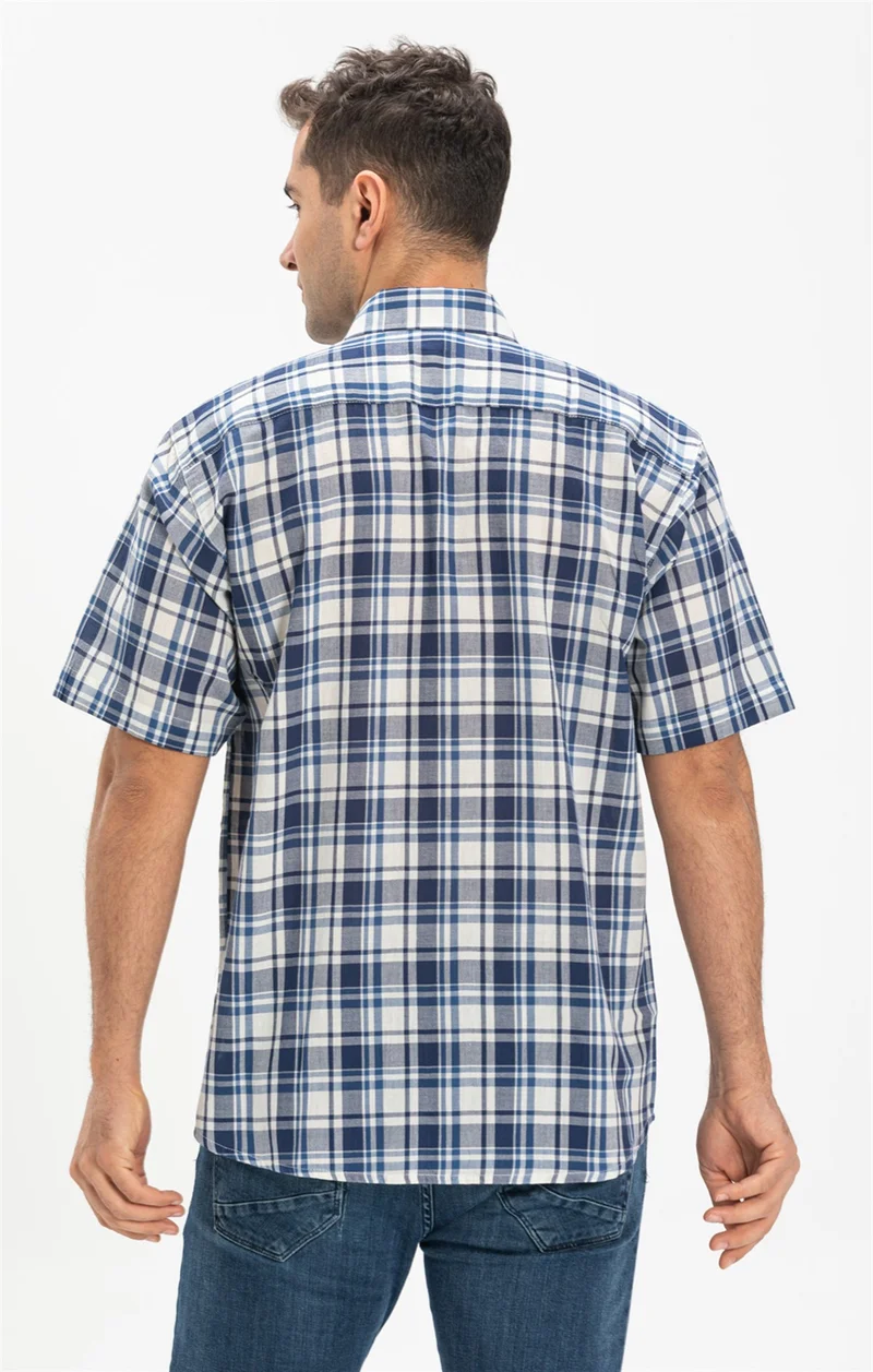اليش شيل بيزي Short Sleeve Şile Cloth Single Pocket Men's Shirt Navy Blue Plaid 3058