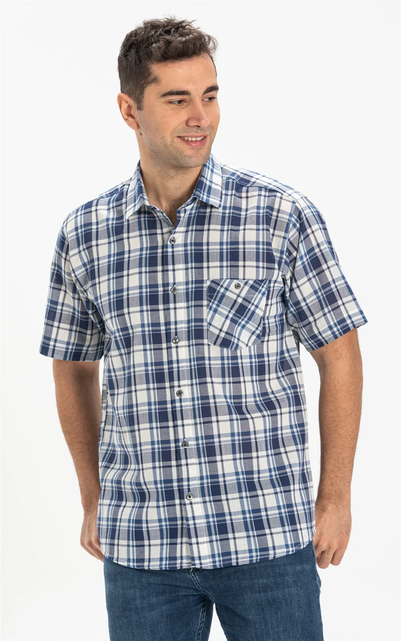 اليش شيل بيزي Short Sleeve Şile Cloth Single Pocket Men's Shirt Navy Blue Plaid 3058