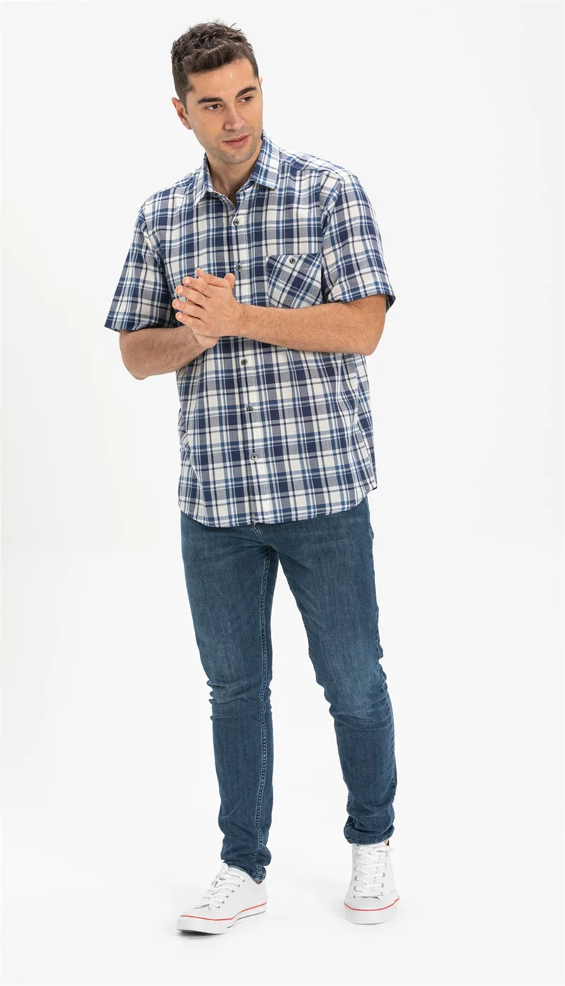 اليش شيل بيزي Short Sleeve Şile Cloth Single Pocket Men's Shirt Navy Blue Plaid 3058