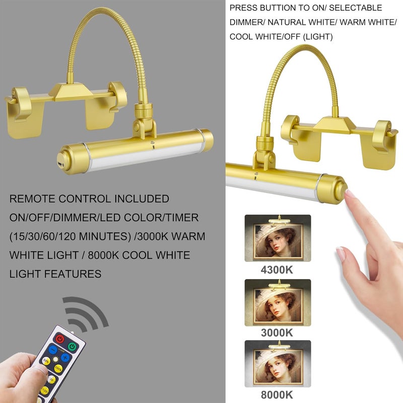 HONWELL Painting Lights Cordless, Dartboard Light with Remote, Rechargeable Picture Light, Picture Frame Lights with 3 Modes 28 LEDs Rotate Head, 360° Flexible Neck,Clip on Display Light for Artwork - Image 3