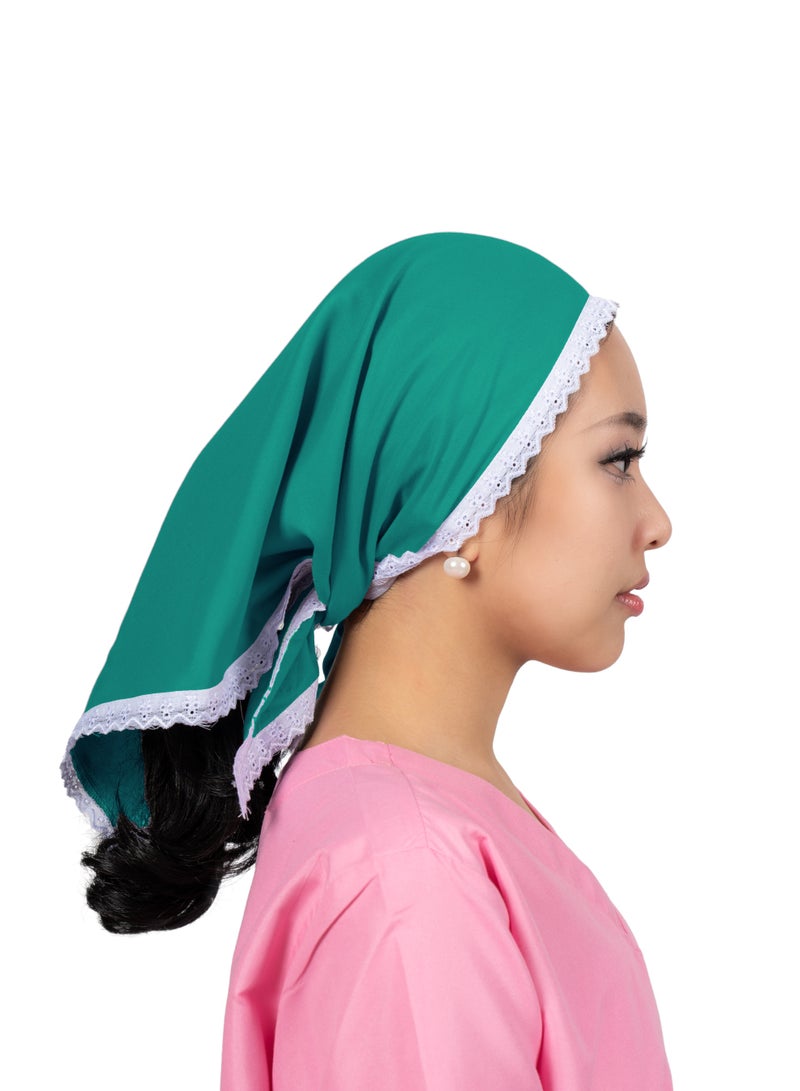 وشاح مربع أنيق، حواف دانتيل بيضاء، قماش ناعم وخفيف الوزن، غطاء رأس/مربية أطفال/مربية أطفال، قطن، مقاس واحد