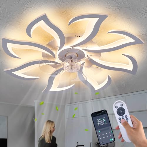 Dalouguan Modern Ceiling Fan with Lights Remote Control, 32" White Flush Mount Ceiling Fan with Light, 6 Speeds 3 Light Color Low Profile Ceiling Fan for Kitchen Bedroom - Image 1
