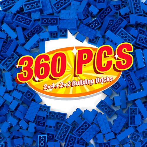 MANNIDOO 360 Pieces Building Bricks Classic Basic Flats Parts and Pieces 2x4 Brick x200 and 2x2 Brick x160 Moc Building Bulks Compatible with All Major Brands Blue - Image 1