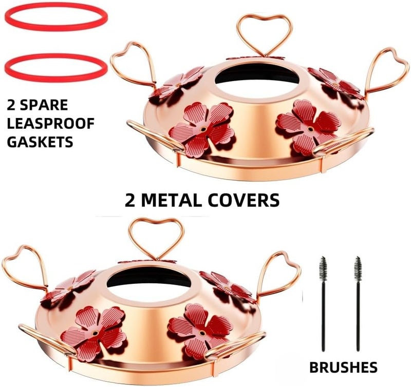 WOSIBO 2 Pack Hummingbird Feeder Bottom Base Large Metal Covers with 2Pcs Seal Rings and Brushes Hummingbird Feeder Accessories Replacement Part No Nectar Base Compatible with Glass Bottle Base (2, Cooper) - Image 2