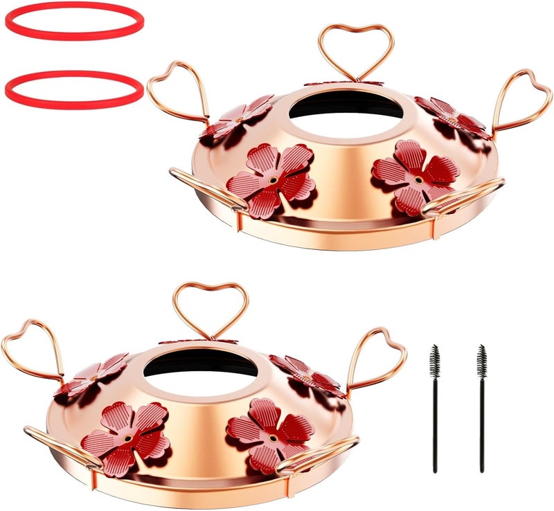 WOSIBO 2 Pack Hummingbird Feeder Bottom Base Large Metal Covers with 2Pcs Seal Rings and Brushes Hummingbird Feeder Accessories Replacement Part No Nectar Base Compatible with Glass Bottle Base (2, Cooper) - Image 1