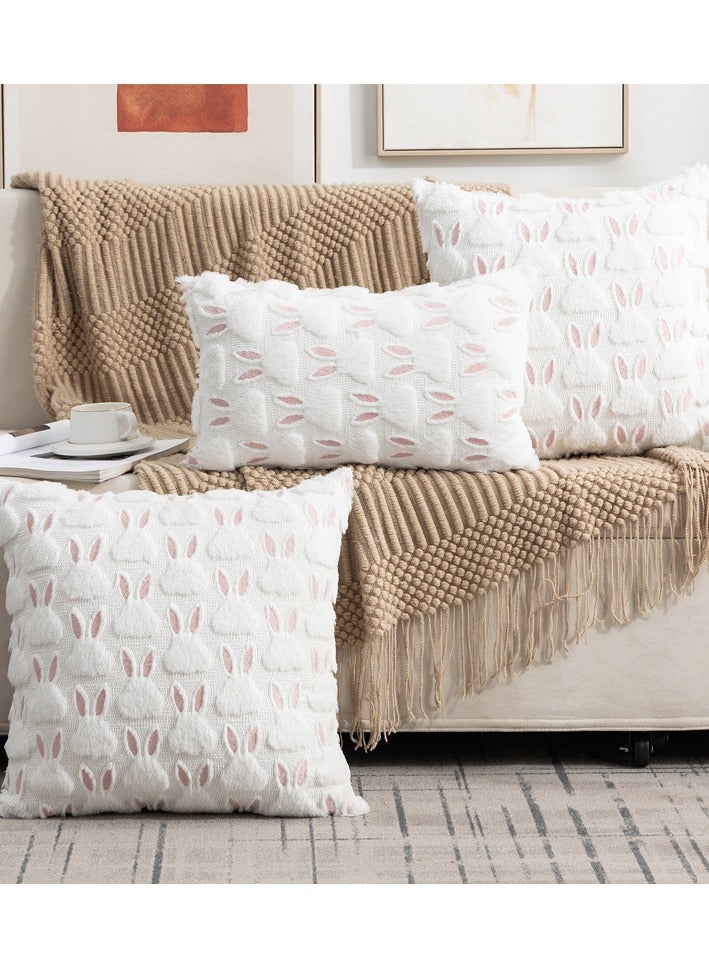 Dominy Pillow Covers 18x18 inch Set of 2 Easter Decorations Pink Ears White Rabbit Soft Plush Faux Fur Jacquard Throw Pillows for Bedroom Sofa Holiday Festivals Home Decor - Image 2