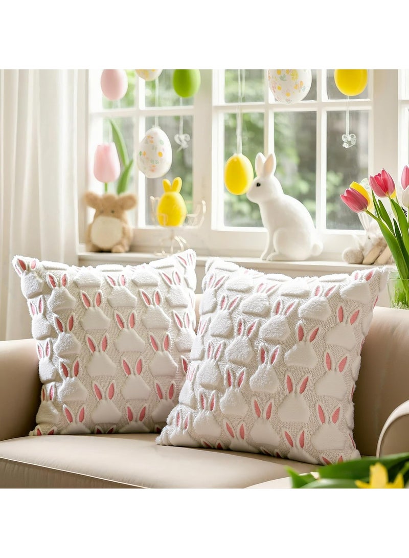 Dominy Pillow Covers 18x18 inch Set of 2 Easter Decorations Pink Ears White Rabbit Soft Plush Faux Fur Jacquard Throw Pillows for Bedroom Sofa Holiday Festivals Home Decor - Image 5