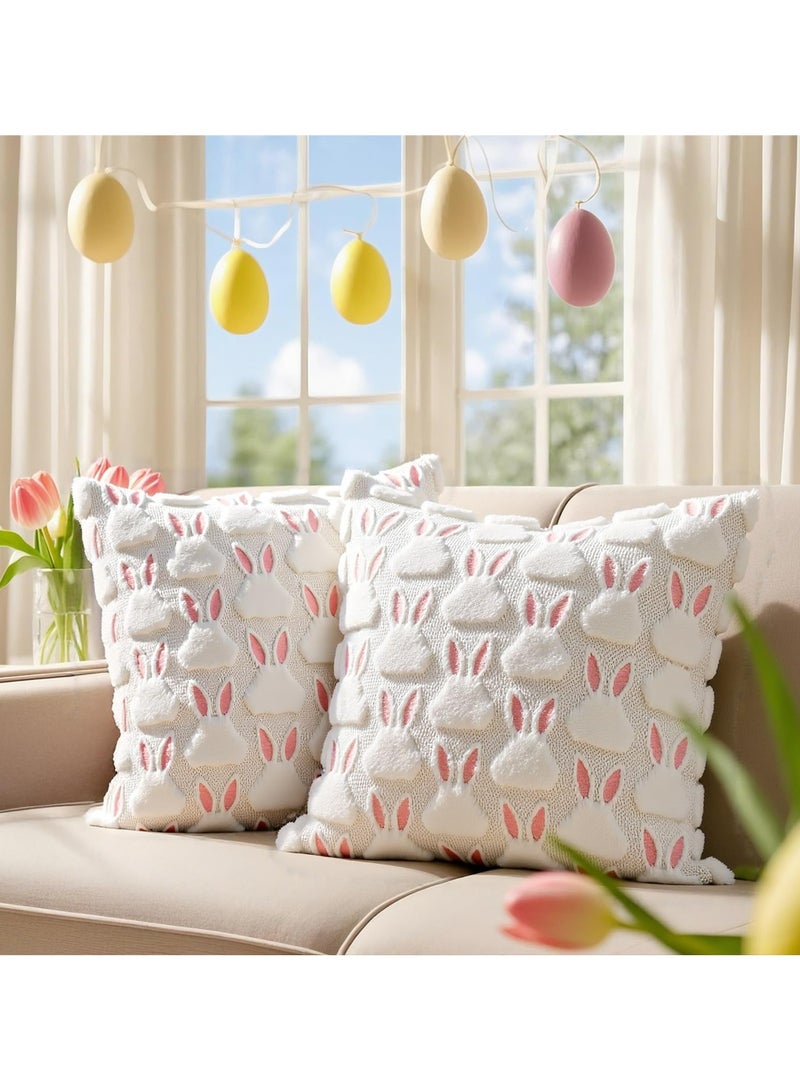 Dominy Pillow Covers 18x18 inch Set of 2 Easter Decorations Pink Ears White Rabbit Soft Plush Faux Fur Jacquard Throw Pillows for Bedroom Sofa Holiday Festivals Home Decor - Image 1
