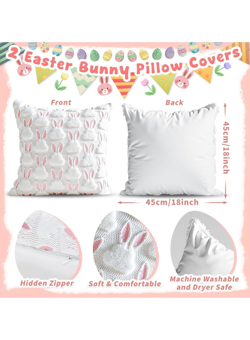 Dominy Pillow Covers 18x18 inch Set of 2 Easter Decorations Pink Ears White Rabbit Soft Plush Faux Fur Jacquard Throw Pillows for Bedroom Sofa Holiday Festivals Home Decor - Image 3