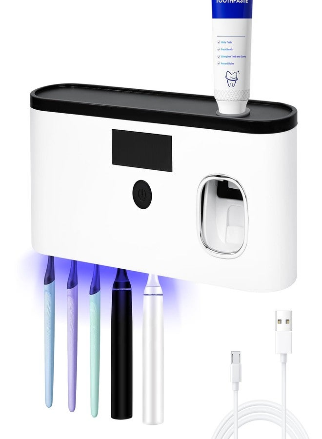 GoLashFun Punch-Free Wall Mounted Bathroom Toothbrush Holder, 5 Toothbrush Slots, Bathroom Toothbrush Sterilizer with Toothpaste Dispenser USB Charging Toothbrush Holder (White) - Image 1