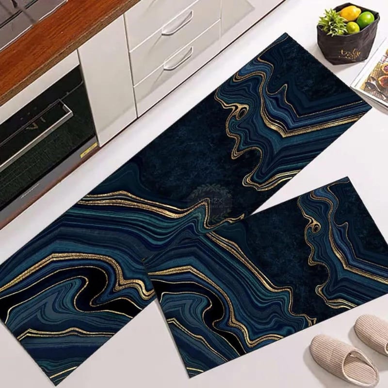 Apidian Modern Kitchen Floor mat with Water and Oil Absorption Anti Slip Crystal Velvet Long Strip Foot mat Size 17x30 17x47 Inch Blue - Image 1