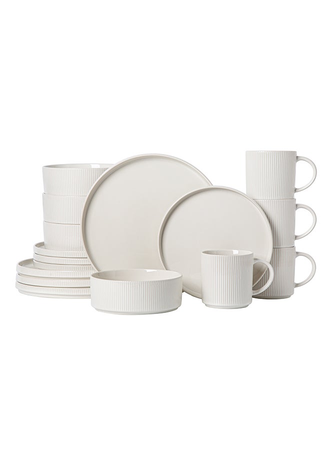 MONITO 16 Piece Stoneware Dinner Set, 4x27cm Dinner Plates, 4x21.5cm Salad Plates, 4x16.5cm Bowls, 4x16oz Coffee Mugs, Modern Design in Glossy Finish, Microwave & Dishwasher Safe - Creamy White  - Image 1