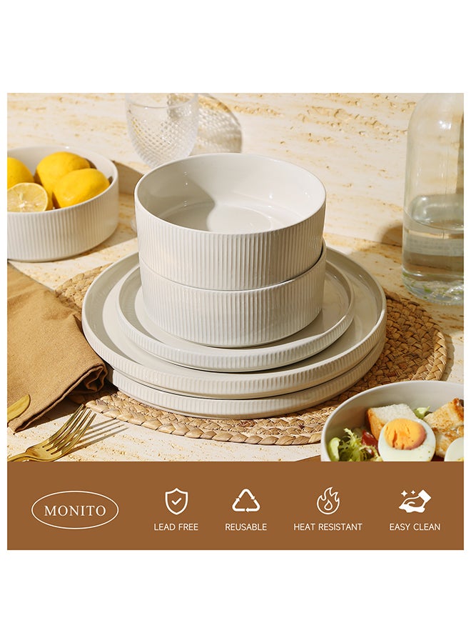 MONITO 16 Piece Stoneware Dinner Set, 4x27cm Dinner Plates, 4x21.5cm Salad Plates, 4x16.5cm Bowls, 4x16oz Coffee Mugs, Modern Design in Glossy Finish, Microwave & Dishwasher Safe - Creamy White  - Image 4