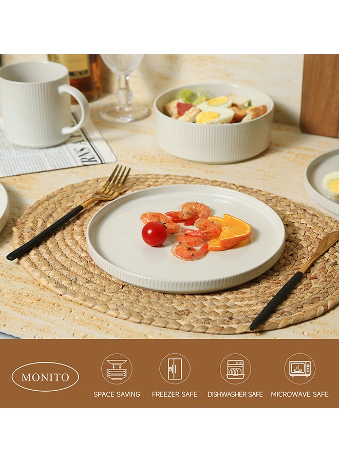 MONITO 16 Piece Stoneware Dinner Set, 4x27cm Dinner Plates, 4x21.5cm Salad Plates, 4x16.5cm Bowls, 4x16oz Coffee Mugs, Modern Design in Glossy Finish, Microwave & Dishwasher Safe - Creamy White  - Image 3
