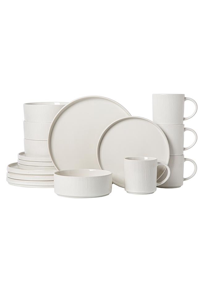 MONITO 16 Piece Stoneware Dinner Set, 4X27Cm Dinner Plates, 4X21.5Cm Salad Plates, 4X16.5Cm Bowls, 4X16Oz Coffee Mugs, Modern Design In Glossy Finish, Microwave & Dishwasher Safe - Creamy White - Image 1