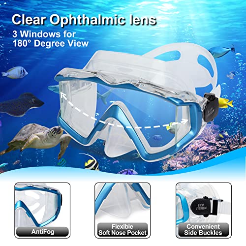EXP VISION Snorkel Set Pano 3 Window Adult Snorkeling Gear, Professional Snorkel Goggles Anti-Fog Diving Mask, Anti-Leak Swim Goggles and Dry Top Snorkel for Diving, Snorkeling, Swimming (Lake Blue) - Image 2