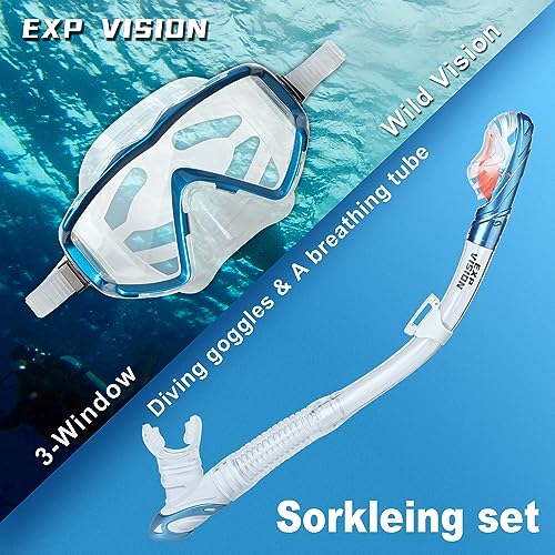 EXP VISION Snorkel Set Pano 3 Window Adult Snorkeling Gear, Professional Snorkel Goggles Anti-Fog Diving Mask, Anti-Leak Swim Goggles and Dry Top Snorkel for Diving, Snorkeling, Swimming (Lake Blue) - Image 4