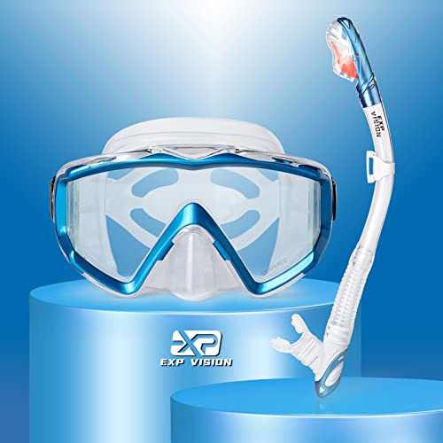 EXP VISION Snorkel Set Pano 3 Window Adult Snorkeling Gear, Professional Snorkel Goggles Anti-Fog Diving Mask, Anti-Leak Swim Goggles and Dry Top Snorkel for Diving, Snorkeling, Swimming (Lake Blue) - Image 1