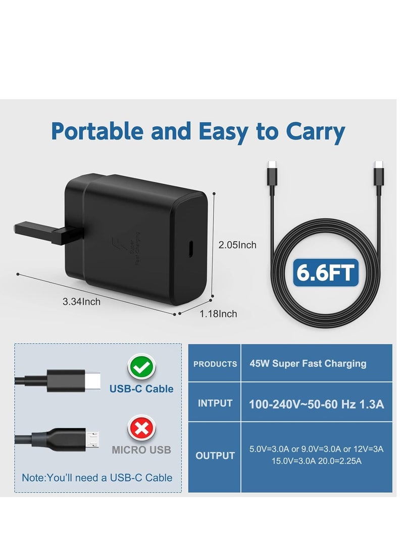 45W Super Fast for Samsung Galaxy S23 Ultra, S23+, S23, S22 Ultra 5G, S22+, S22, S20, S20 FE, S21, S10, A53, A33, A13, A03, M13 USB-C Phone Wall Plug for Samsung
