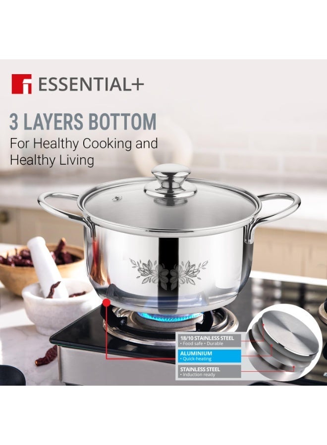 BERGNER Essential Plus by Bergner 4 Pcs Stainless Steel Cooking Pots Set - 16cm/1.6L Casserole with Glass Lid and 18cm/2.3L Casserole with Glass Lid, Less Oil Use, Healthy Cooking - Induction Bottom - Image 3