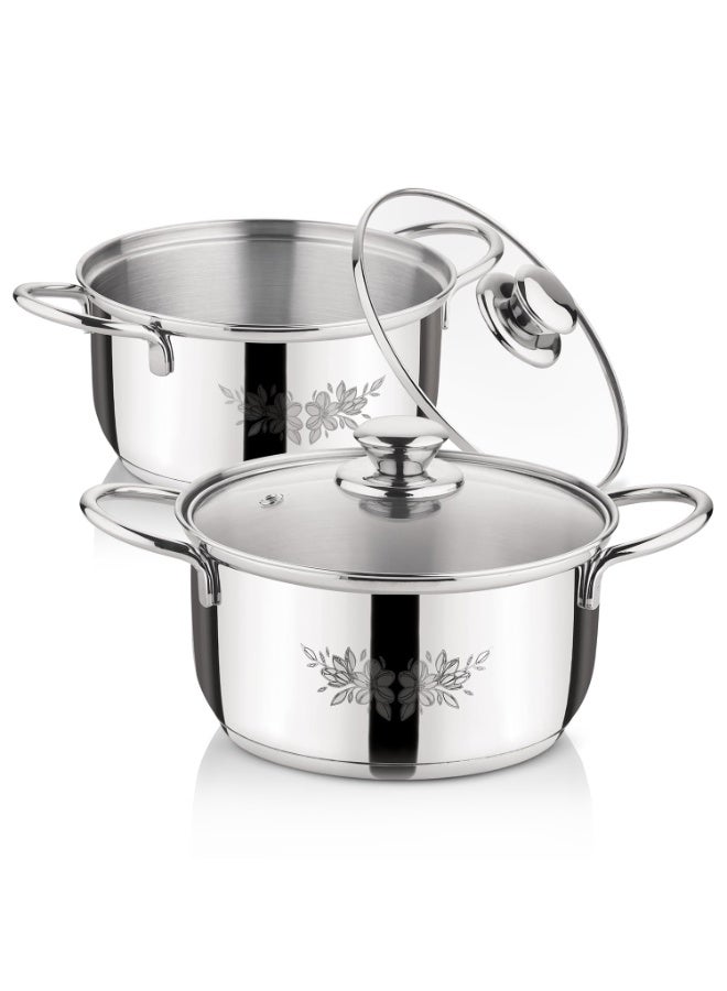 BERGNER Essential Plus by Bergner 4 Pcs Stainless Steel Cooking Pots Set - 16cm/1.6L Casserole with Glass Lid and 18cm/2.3L Casserole with Glass Lid, Less Oil Use, Healthy Cooking - Induction Bottom - Image 1