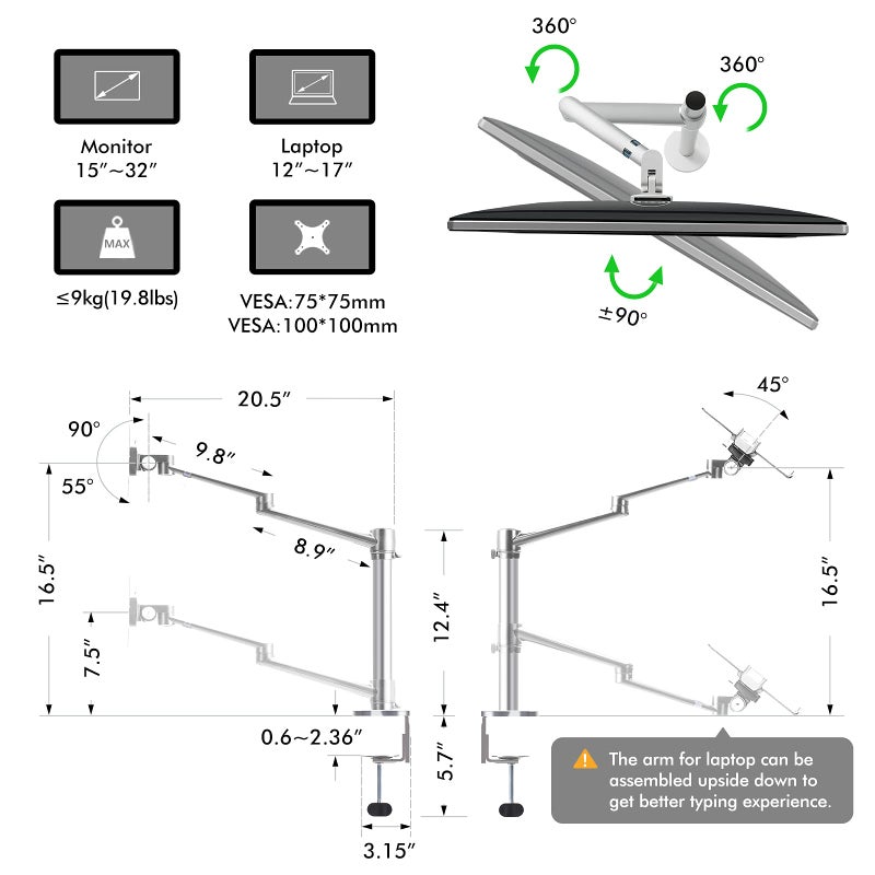 Viozon Monitor and Laptop Mount, 2-in-1 Adjustable Dual Arm Desk Mounts Single Desk Arm Stand/Holder for 17 to 32 Inch LCD Computer Screens, Extra Tray Fits 12 to 17 inch Laptops (Silver) - Image 4