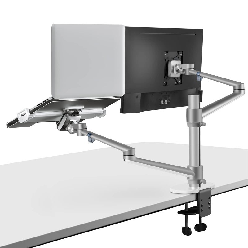 Viozon Monitor and Laptop Mount, 2-in-1 Adjustable Dual Arm Desk Mounts Single Desk Arm Stand/Holder for 17 to 32 Inch LCD Computer Screens, Extra Tray Fits 12 to 17 inch Laptops (Silver) - Image 1