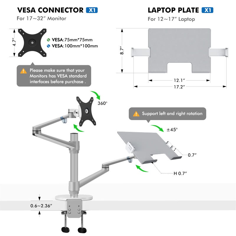 Viozon Monitor and Laptop Mount, 2-in-1 Adjustable Dual Arm Desk Mounts Single Desk Arm Stand/Holder for 17 to 32 Inch LCD Computer Screens, Extra Tray Fits 12 to 17 inch Laptops (Silver) - Image 3