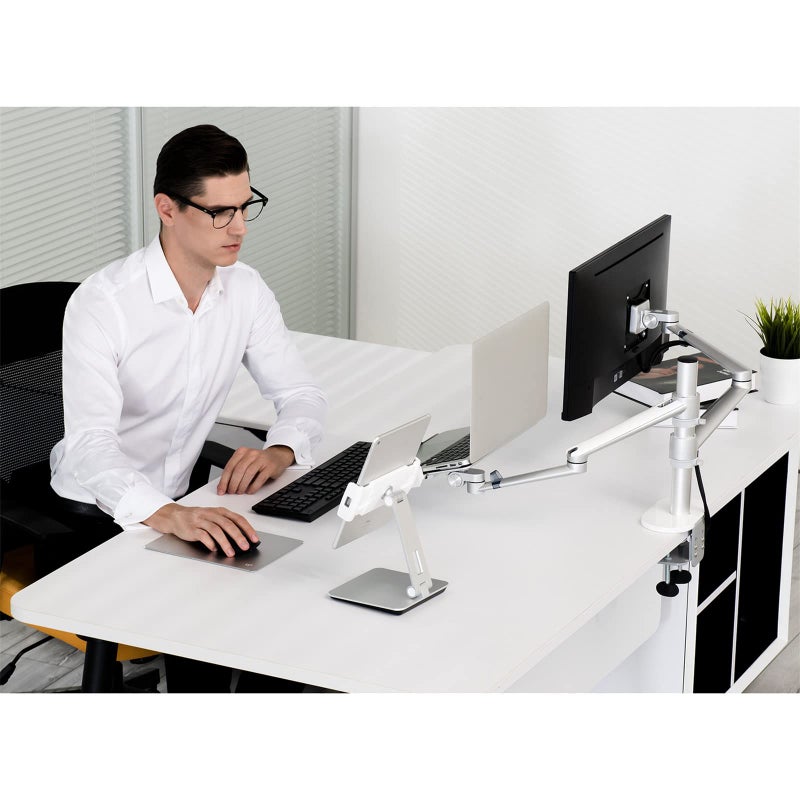 Viozon Monitor and Laptop Mount, 2-in-1 Adjustable Dual Arm Desk Mounts Single Desk Arm Stand/Holder for 17 to 32 Inch LCD Computer Screens, Extra Tray Fits 12 to 17 inch Laptops (Silver) - Image 2