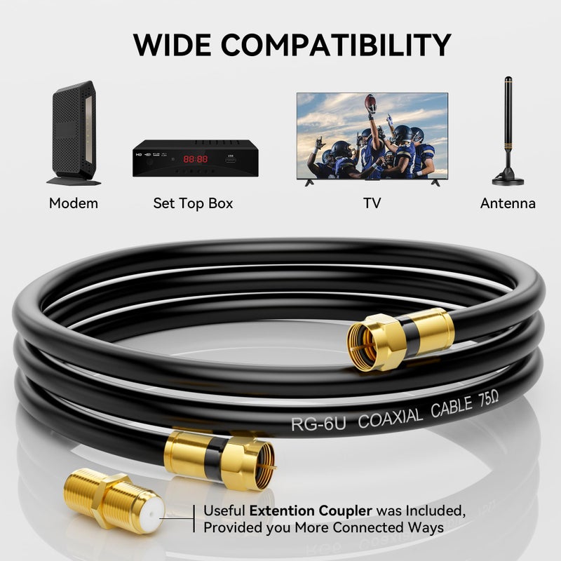 Nixsto RG6 Coaxial Cable, 3FT 6FT 10FT 15FT 25FT 50FT 100FT Coax Cable Cord with Gold F-Type Connector, High Speed Internet, Digital TV Aerial for HDTV, Satellite, Antenna, Modem with Extender- 3ft - Image 3