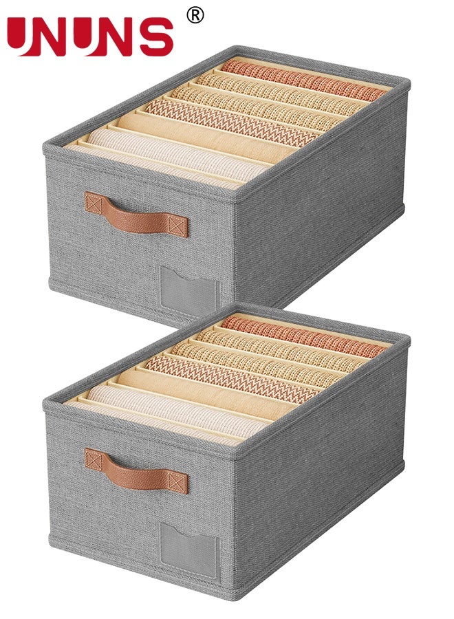 UNUNS 2pc Fabric Storage Bins,Wardrobe Clothes Organizer with 7 Compartments and Upgraded Faux Leather Handle for Clothes Jeans Underwear,Clothes Organizer Boxes for Home Bedroom Office,45X25X18CM - Image 1