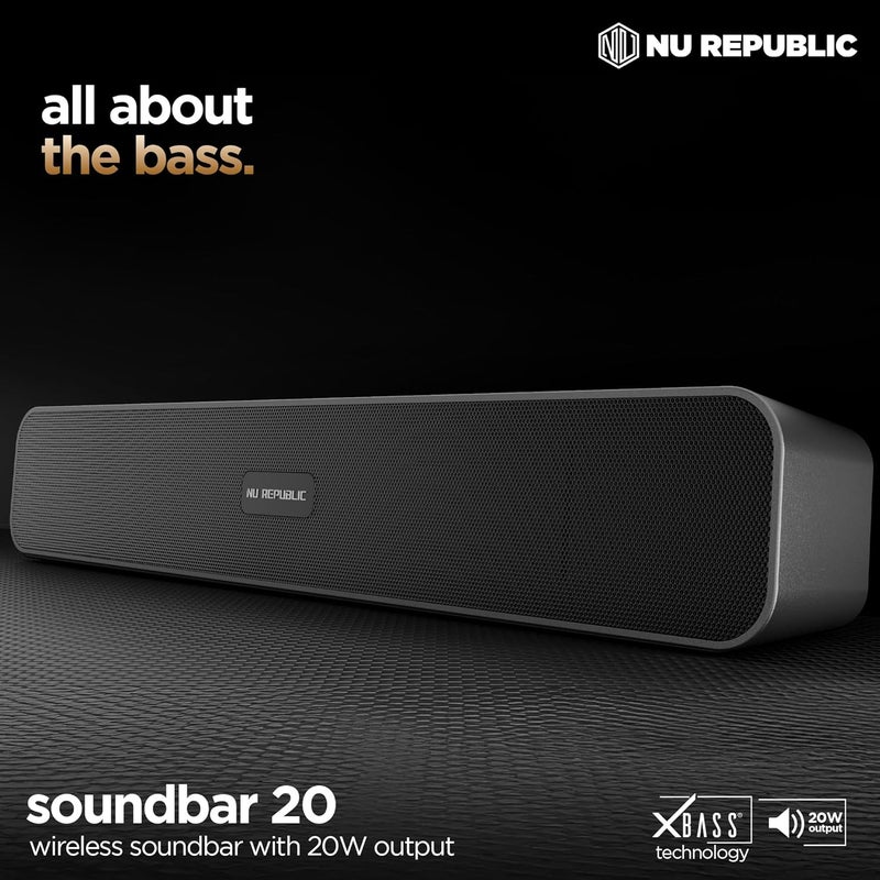 Nu Republic سماعة بار 20 سماعة بلوتوث مع تقنية X-Bass، محركات ديناميكية 52 مم، حتى 12 ساعة من وقت التشغيل، 20 واط إخراج، منفذ Aux/USB (5.0 قناة) (أسود) - Image 2