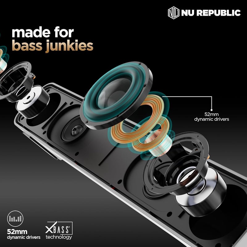 Nu Republic سماعة بار 20 سماعة بلوتوث مع تقنية X-Bass، محركات ديناميكية 52 مم، حتى 12 ساعة من وقت التشغيل، 20 واط إخراج، منفذ Aux/USB (5.0 قناة) (أسود) - Image 4