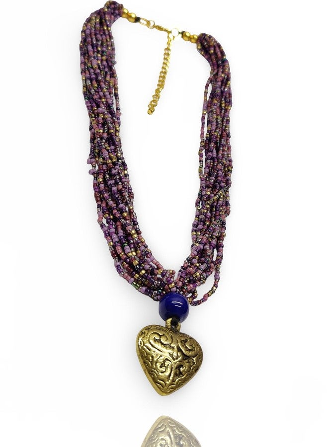دي سي أيه قلادة DCA متعددة الخيوط من الخرز الزجاجي الأرجواني مع قلادة على شكل قلب ذهبي عتيق، وخرزة زرقاء مميزة - Image 4