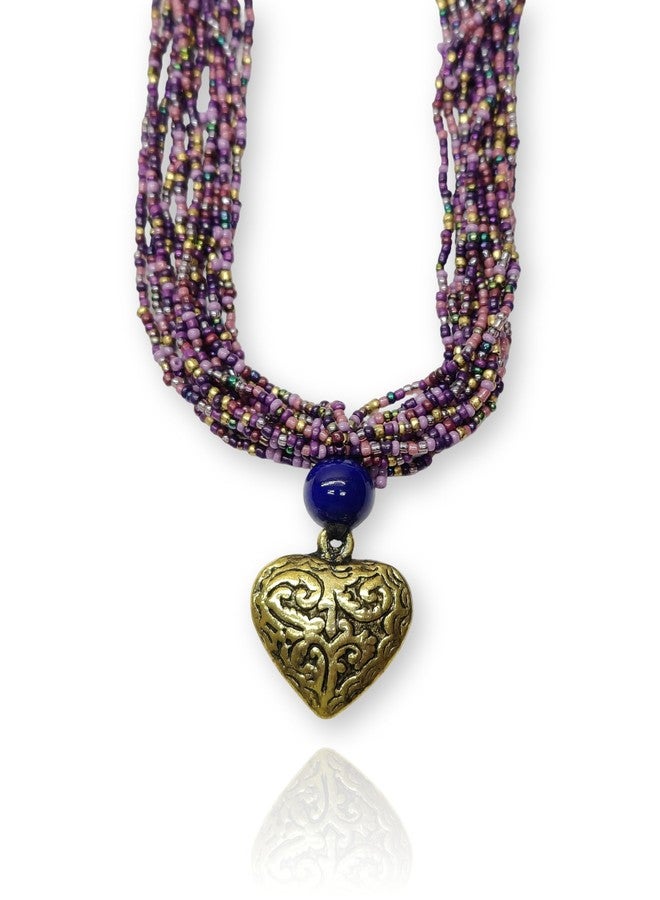 دي سي أيه قلادة DCA متعددة الخيوط من الخرز الزجاجي الأرجواني مع قلادة على شكل قلب ذهبي عتيق، وخرزة زرقاء مميزة - Image 1