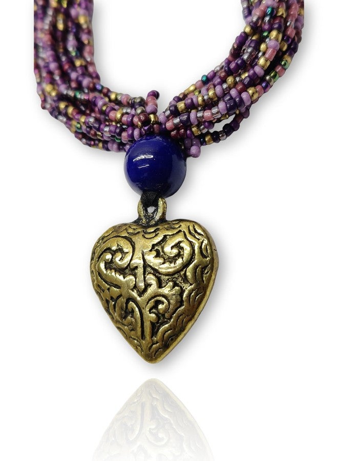 دي سي أيه قلادة DCA متعددة الخيوط من الخرز الزجاجي الأرجواني مع قلادة على شكل قلب ذهبي عتيق، وخرزة زرقاء مميزة - Image 2