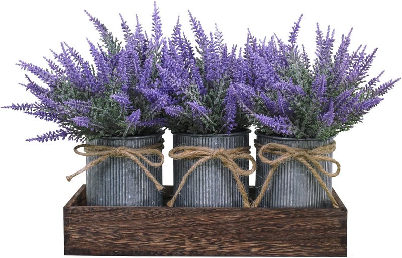 Winlyn Set of 3 Small Potted Plants Arrangement Artificial Lavender Flower Plants in Rustic Galvanized Metal Pots with Decorative Wood Tray for Farmhouse Table Centerpiece Windowsill Country Indoor Decor - Image 2