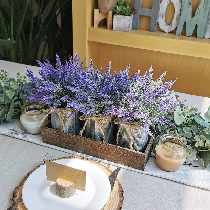 Winlyn Set of 3 Small Potted Plants Arrangement Artificial Lavender Flower Plants in Rustic Galvanized Metal Pots with Decorative Wood Tray for Farmhouse Table Centerpiece Windowsill Country Indoor Decor - Image 4