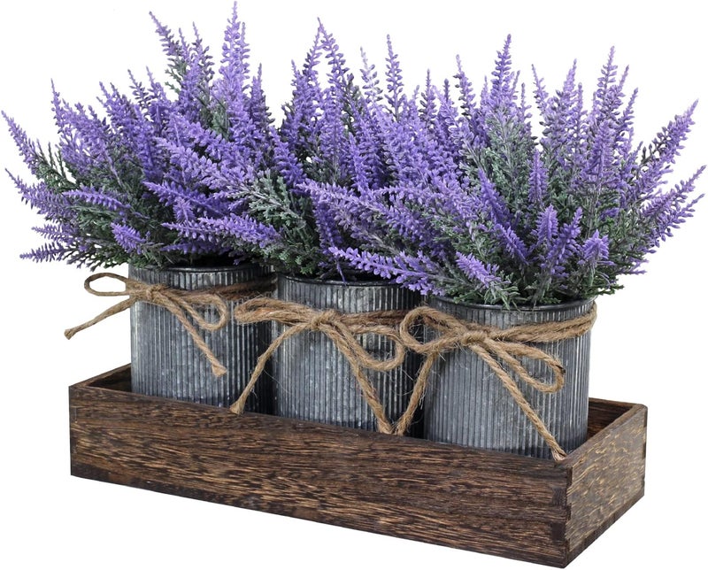 Winlyn Set of 3 Small Potted Plants Arrangement Artificial Lavender Flower Plants in Rustic Galvanized Metal Pots with Decorative Wood Tray for Farmhouse Table Centerpiece Windowsill Country Indoor Decor - Image 1