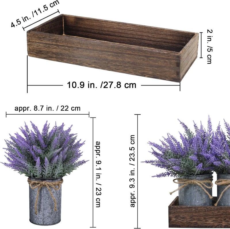 Winlyn Set of 3 Small Potted Plants Arrangement Artificial Lavender Flower Plants in Rustic Galvanized Metal Pots with Decorative Wood Tray for Farmhouse Table Centerpiece Windowsill Country Indoor Decor - Image 3