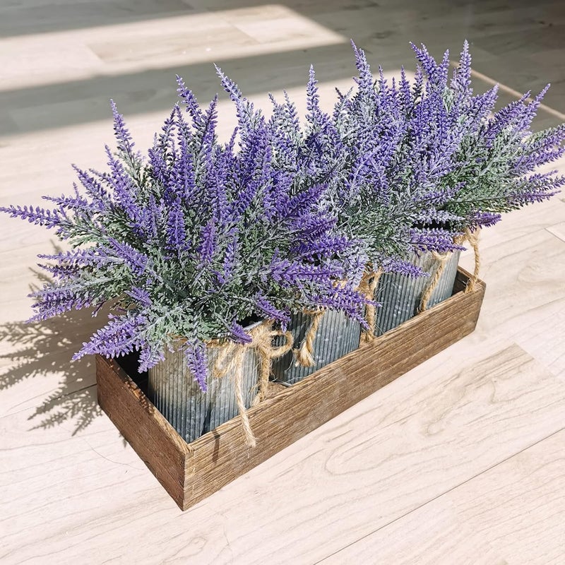 Winlyn Set of 3 Small Potted Plants Arrangement Artificial Lavender Flower Plants in Rustic Galvanized Metal Pots with Decorative Wood Tray for Farmhouse Table Centerpiece Windowsill Country Indoor Decor - Image 5