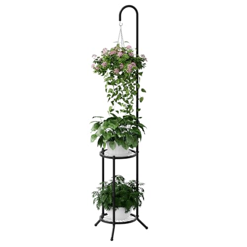 PULIJIAJU 2-tier Hanging Plant Stand Indoor and Outdoor, Space-Saving Iron Plant Shelf, 3 Potted Flower Pot Stand ,Planter Holder for Bedroom Balcony Living Room Patio Garden(Hook Style) - Image 1