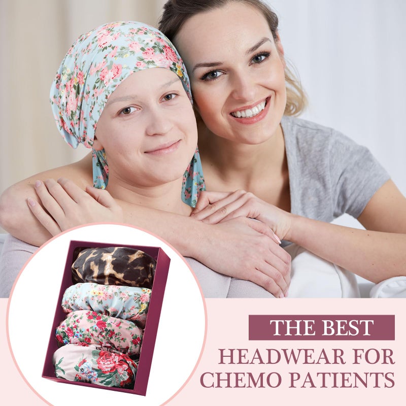 Halfchet 4 Pcs Chemo Headwear for Women Pre Tied Cancer Caps Cotton Head Scarf Turbans for Women Patients Gifts(Crushed Flower) - Image 3