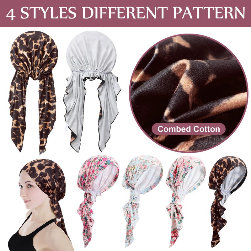 Halfchet 4 Pcs Chemo Headwear for Women Pre Tied Cancer Caps Cotton Head Scarf Turbans for Women Patients Gifts(Crushed Flower) - Image 5