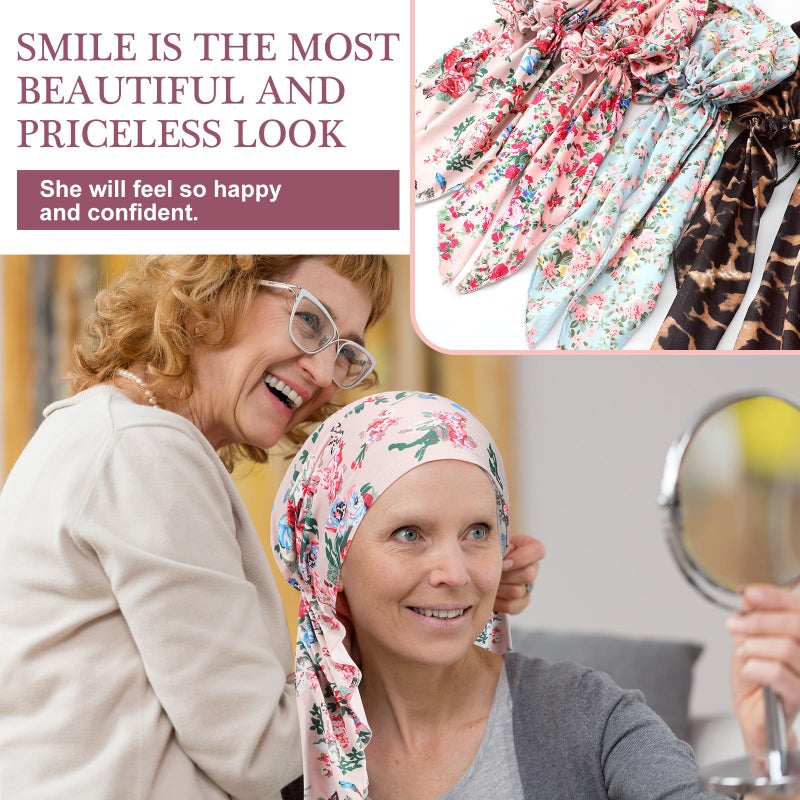 Halfchet 4 Pcs Chemo Headwear for Women Pre Tied Cancer Caps Cotton Head Scarf Turbans for Women Patients Gifts(Crushed Flower) - Image 4