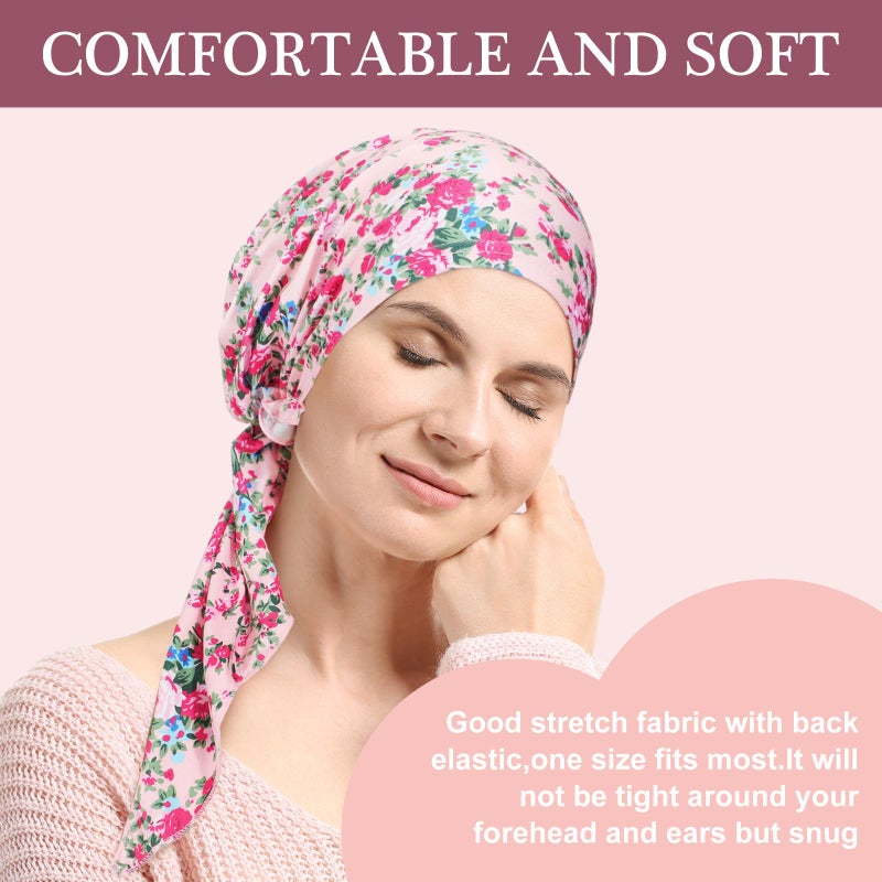 Halfchet 4 Pcs Chemo Headwear for Women Pre Tied Cancer Caps Cotton Head Scarf Turbans for Women Patients Gifts(Crushed Flower) - Image 2